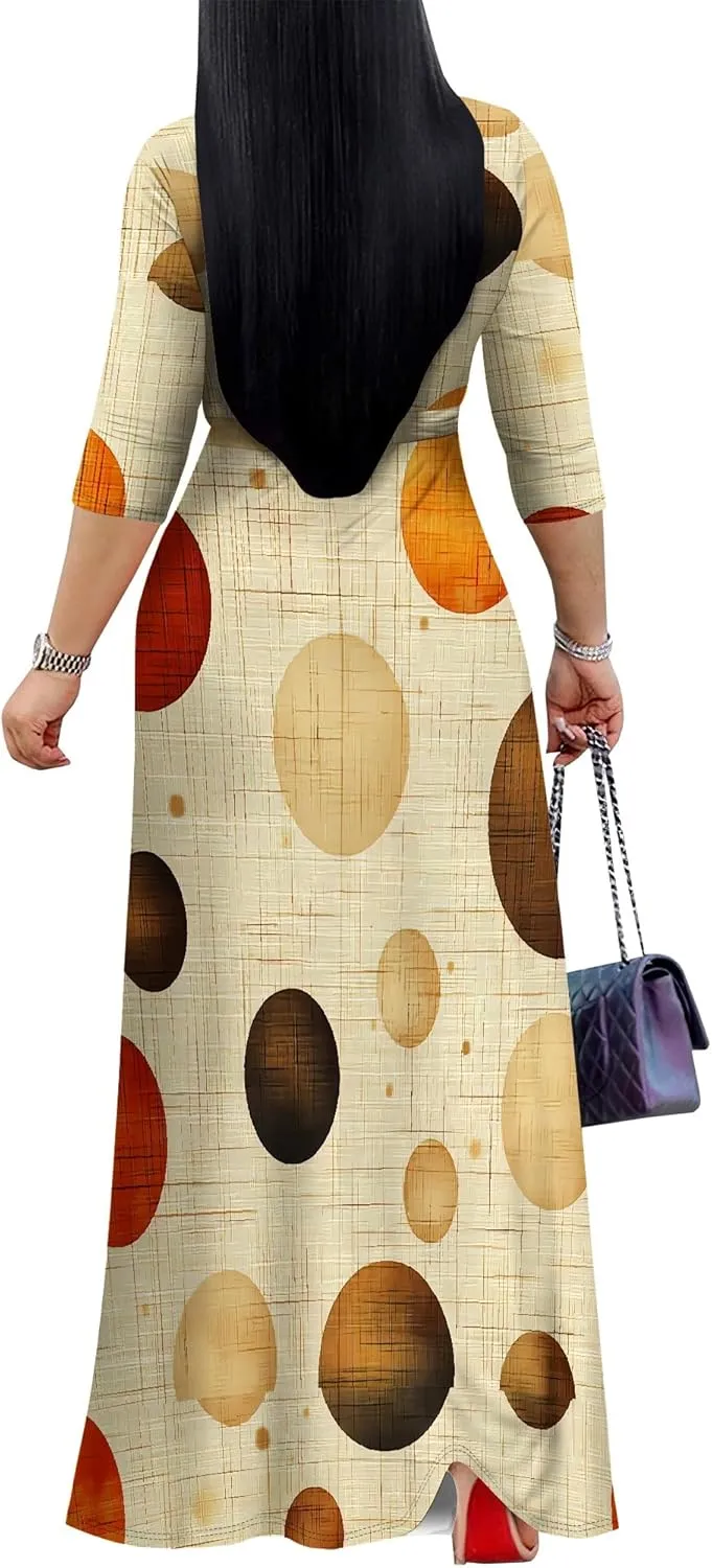 Women Plus Size Maxi Dress Sexy V Neck 3/4 Sleeves Floral Print A Line Long Dresses Printed Swing Sundress with Belt