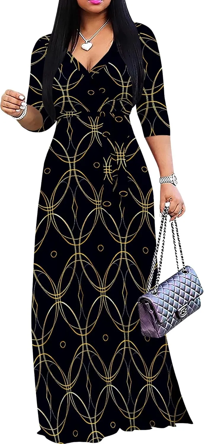 Women Plus Size Maxi Dress Sexy V Neck 3/4 Sleeves Floral Print A Line Long Dresses Printed Swing Sundress with Belt