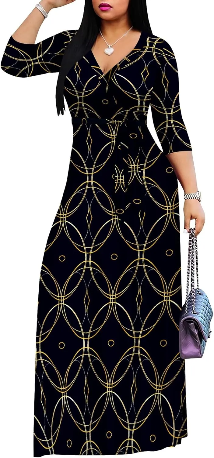 Women Plus Size Maxi Dress Sexy V Neck 3/4 Sleeves Floral Print A Line Long Dresses Printed Swing Sundress with Belt
