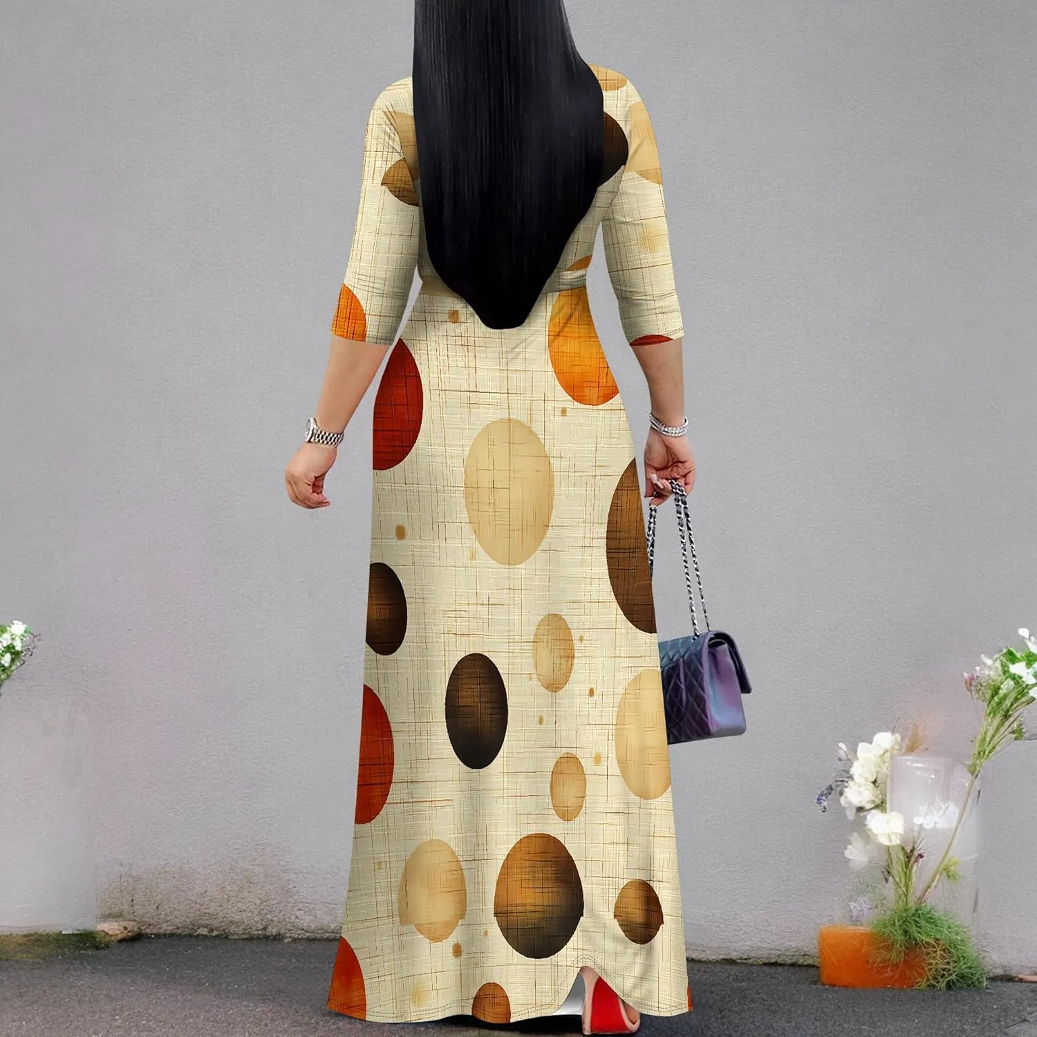 Women Plus Size Maxi Dress Sexy V Neck 3/4 Sleeves Floral Print A Line Long Dresses Printed Swing Sundress with Belt