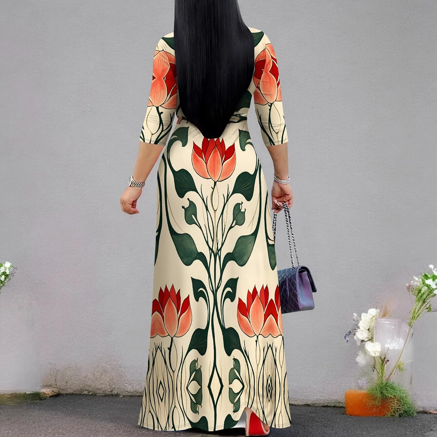 Women Plus Size Maxi Dress Sexy V Neck 3/4 Sleeves Floral Print A Line Long Dresses Printed Swing Sundress with Belt