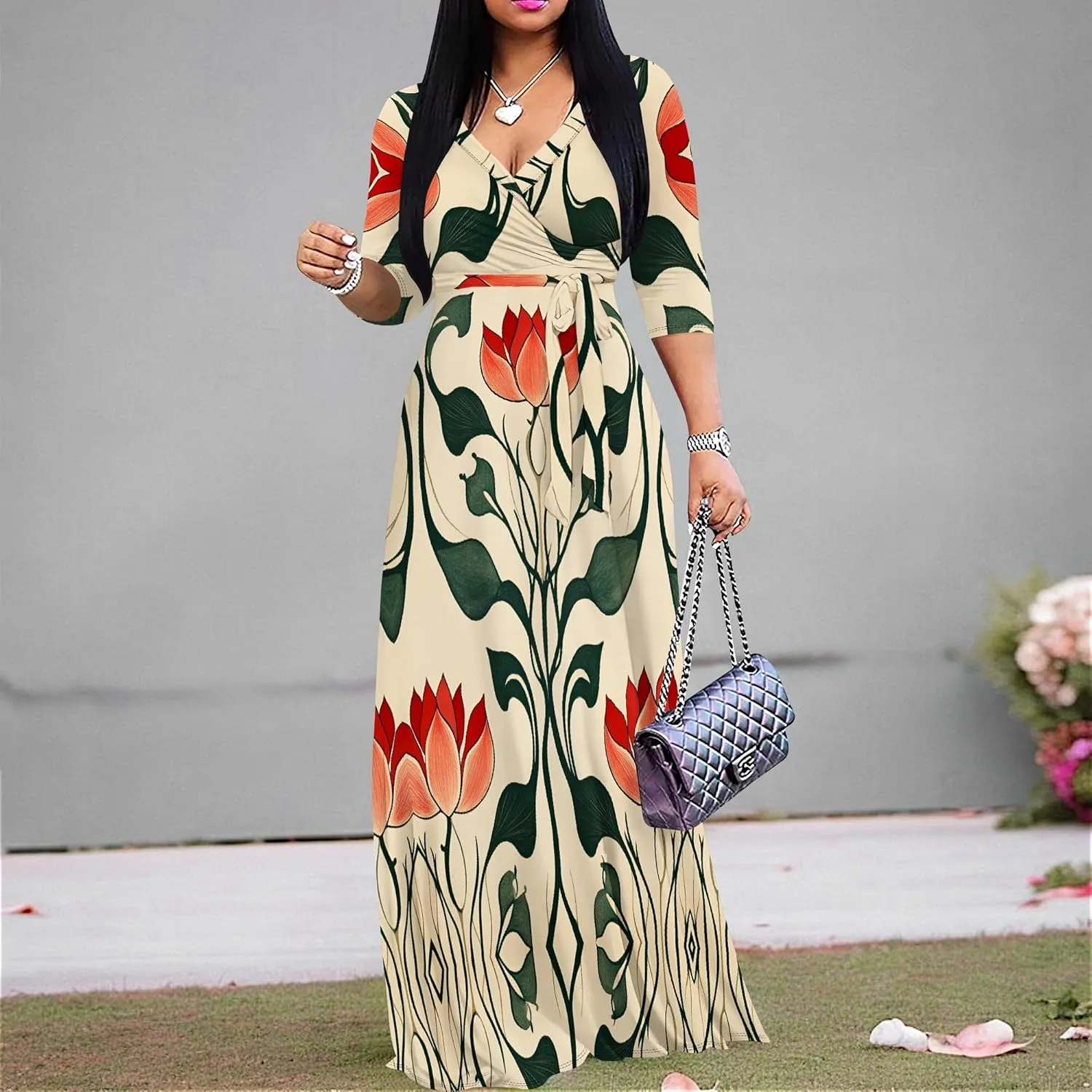 Women Plus Size Maxi Dress Sexy V Neck 3/4 Sleeves Floral Print A Line Long Dresses Printed Swing Sundress with Belt