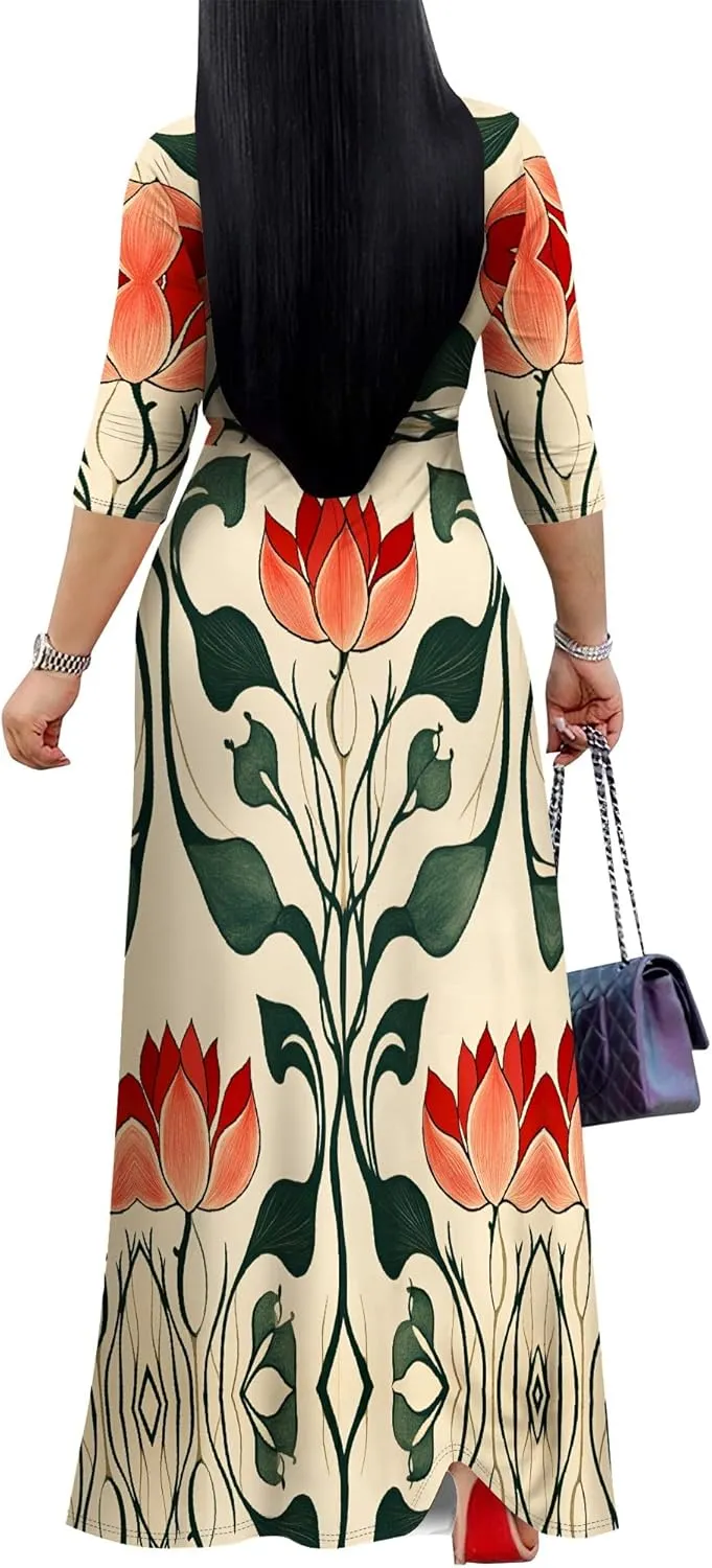 Women Plus Size Maxi Dress Sexy V Neck 3/4 Sleeves Floral Print A Line Long Dresses Printed Swing Sundress with Belt
