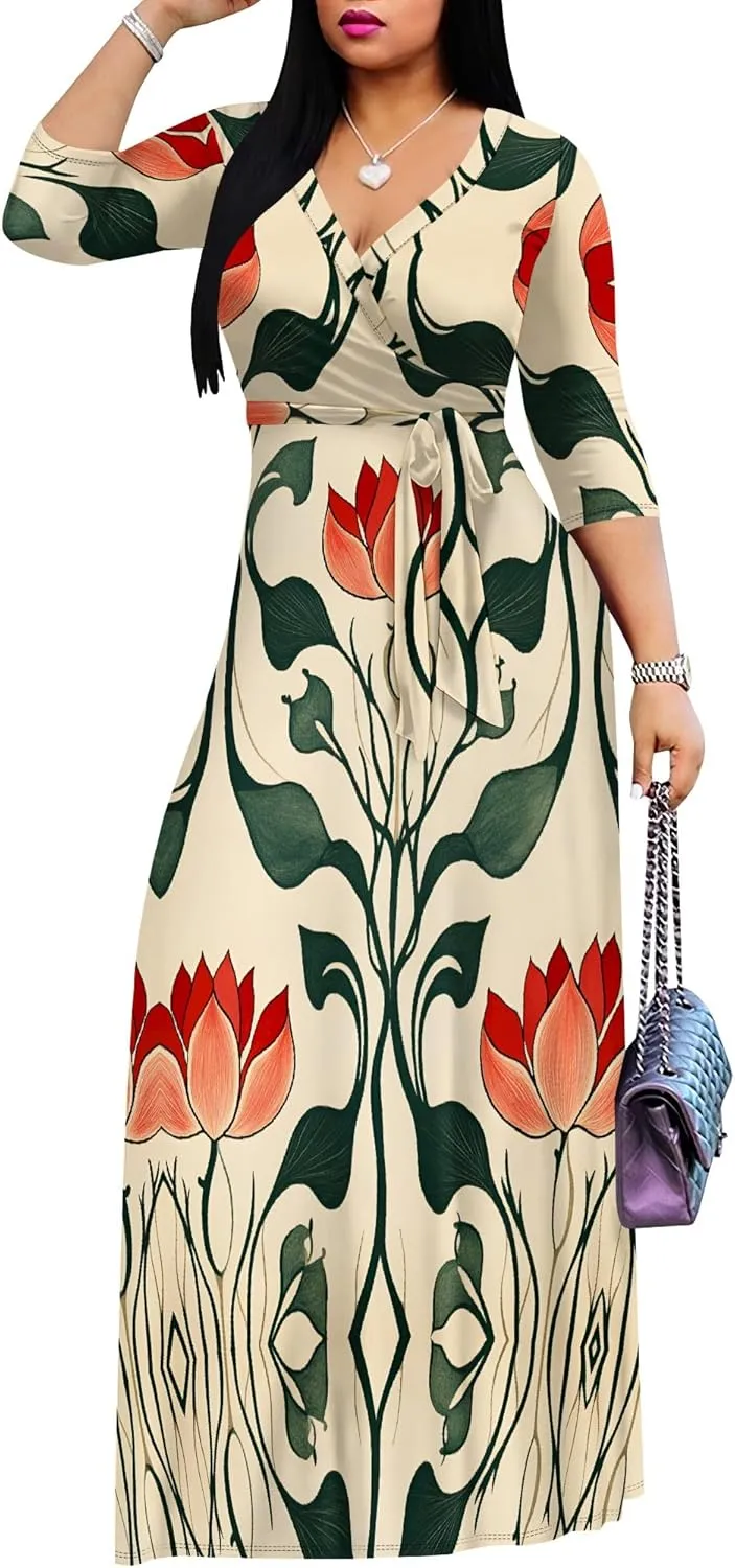 Women Plus Size Maxi Dress Sexy V Neck 3/4 Sleeves Floral Print A Line Long Dresses Printed Swing Sundress with Belt