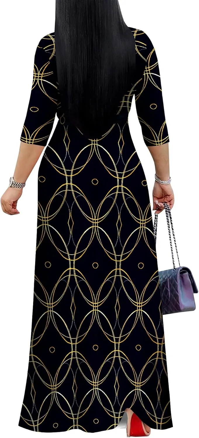 Women Plus Size Maxi Dress Sexy V Neck 3/4 Sleeves Floral Print A Line Long Dresses Printed Swing Sundress with Belt