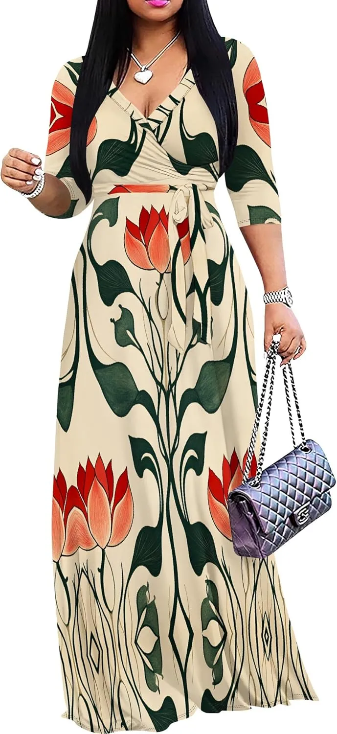Women Plus Size Maxi Dress Sexy V Neck 3/4 Sleeves Floral Print A Line Long Dresses Printed Swing Sundress with Belt