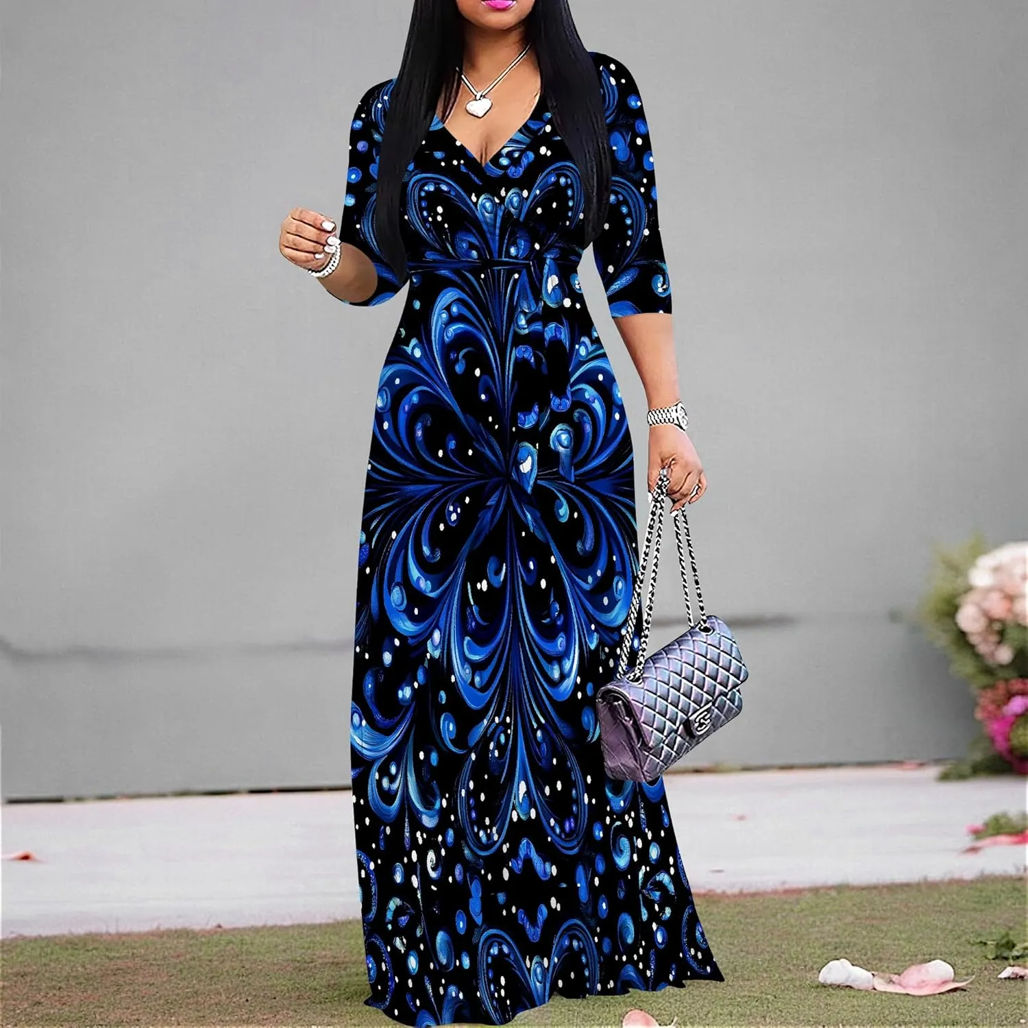 Women Plus Size Maxi Dress Sexy V Neck 3/4 Sleeves Floral Print A Line Long Dresses Printed Swing Sundress with Belt