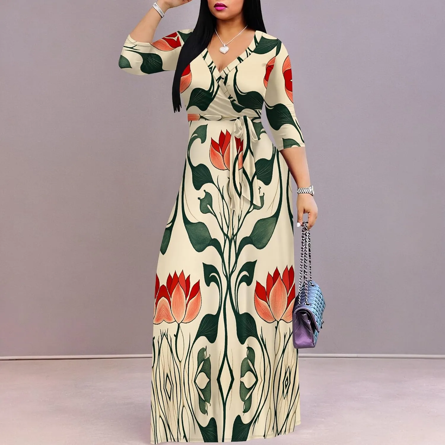 Women Plus Size Maxi Dress Sexy V Neck 3/4 Sleeves Floral Print A Line Long Dresses Printed Swing Sundress with Belt