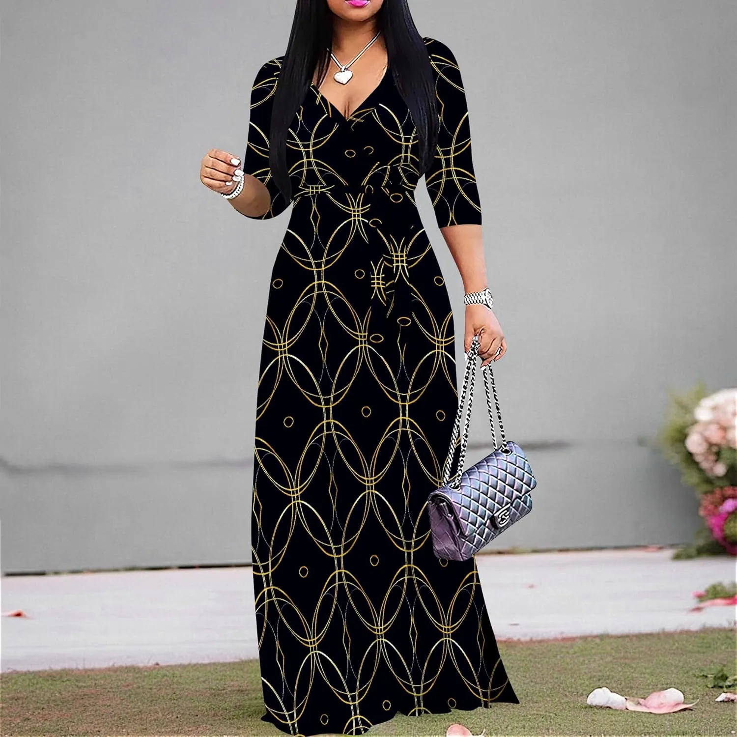 Women Plus Size Maxi Dress Sexy V Neck 3/4 Sleeves Floral Print A Line Long Dresses Printed Swing Sundress with Belt