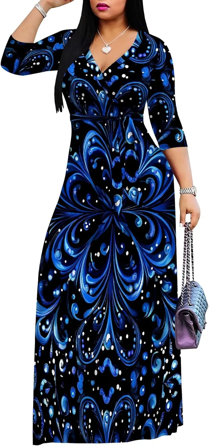 Women Plus Size Maxi Dress Sexy V Neck 3/4 Sleeves Floral Print A Line Long Dresses Printed Swing Sundress with Belt