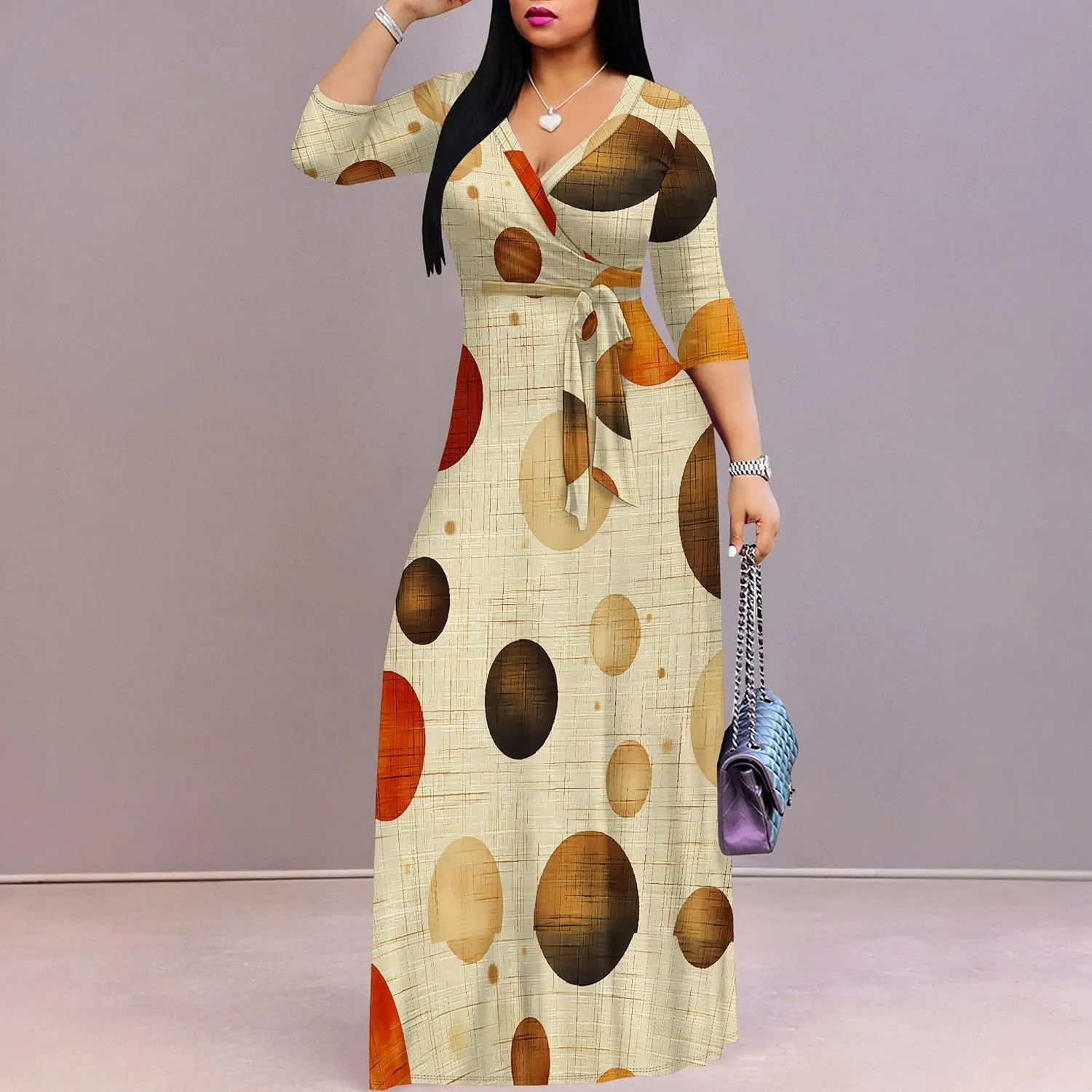Women Plus Size Maxi Dress Sexy V Neck 3/4 Sleeves Floral Print A Line Long Dresses Printed Swing Sundress with Belt