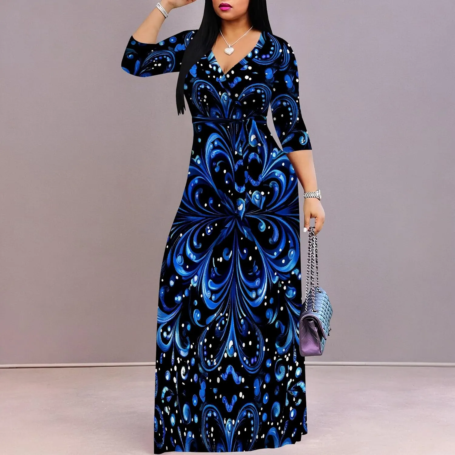 Women Plus Size Maxi Dress Sexy V Neck 3/4 Sleeves Floral Print A Line Long Dresses Printed Swing Sundress with Belt
