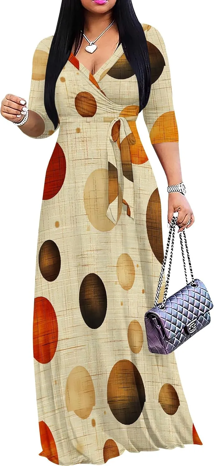 Women Plus Size Maxi Dress Sexy V Neck 3/4 Sleeves Floral Print A Line Long Dresses Printed Swing Sundress with Belt
