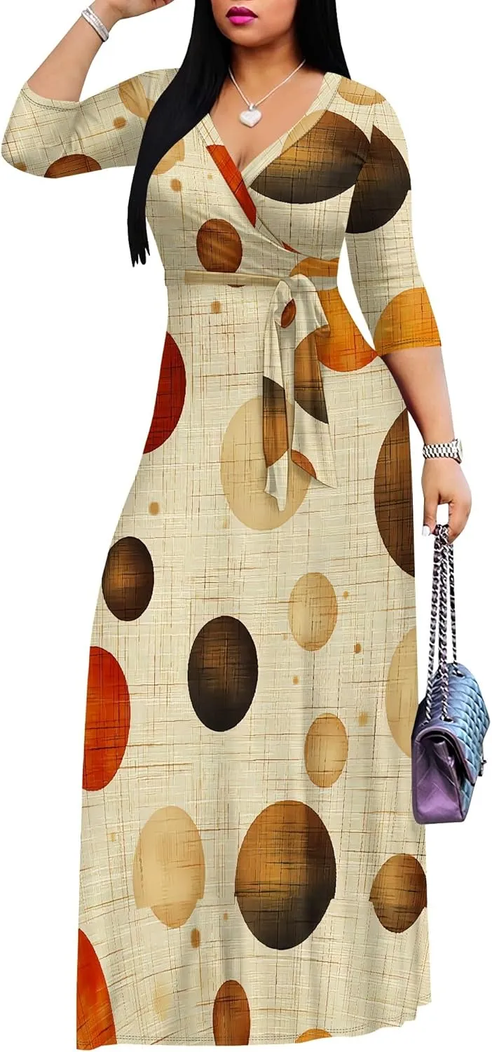 Women Plus Size Maxi Dress Sexy V Neck 3/4 Sleeves Floral Print A Line Long Dresses Printed Swing Sundress with Belt