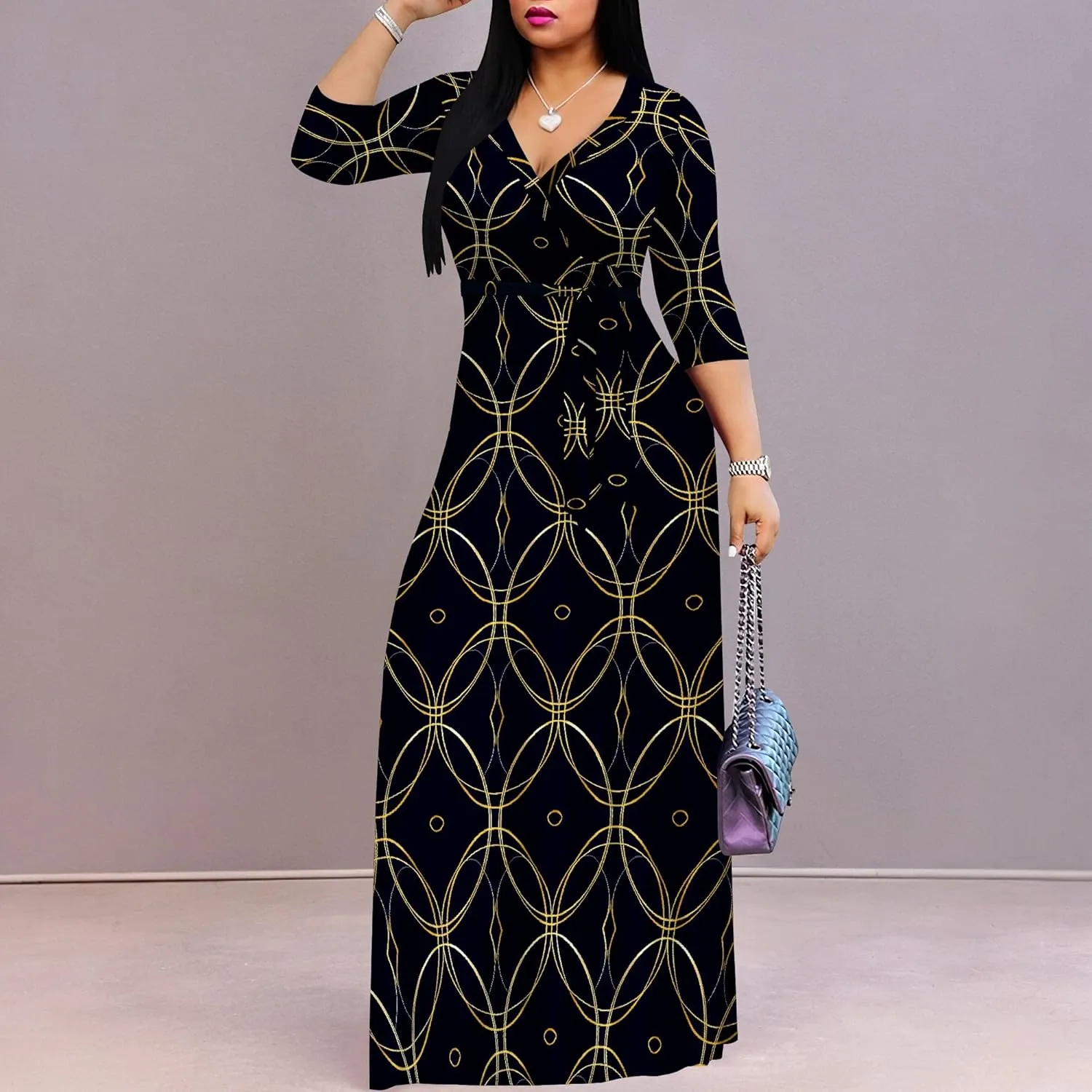 Women Plus Size Maxi Dress Sexy V Neck 3/4 Sleeves Floral Print A Line Long Dresses Printed Swing Sundress with Belt