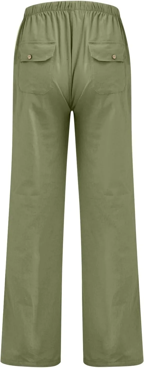 Women Pull On Elastic Waist Linen Pants Pockets Summer Lightweight Solid Color Drawstring Wide Leg Palazzo Plus Size