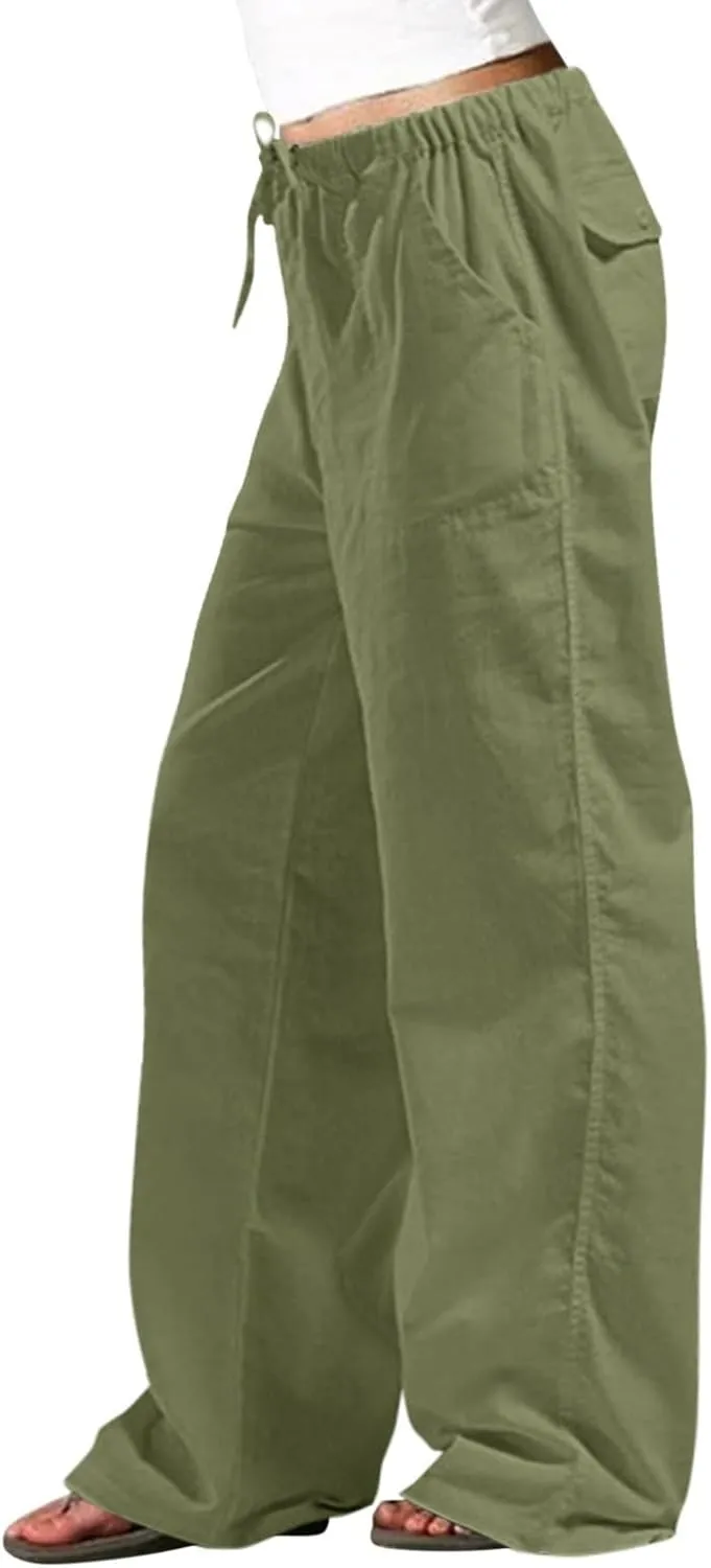 Women Pull On Elastic Waist Linen Pants Pockets Summer Lightweight Solid Color Drawstring Wide Leg Palazzo Plus Size