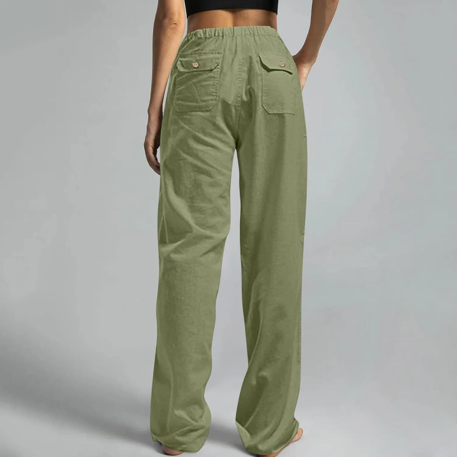 Women Pull On Elastic Waist Linen Pants Pockets Summer Lightweight Solid Color Drawstring Wide Leg Palazzo Plus Size