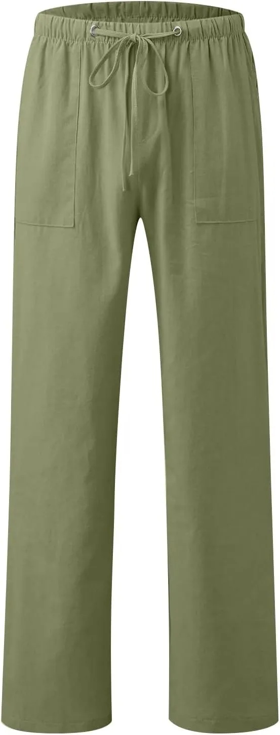 Women Pull On Elastic Waist Linen Pants Pockets Summer Lightweight Solid Color Drawstring Wide Leg Palazzo Plus Size
