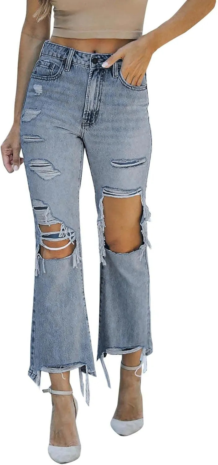 Women Ripped Boyfriend Jeans High Waist Baggy Denim Pants Y2K Distressed Streetwear Vintage Hiphop Dance Trousers