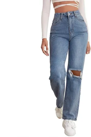Women Ripped Boyfriend Jeans High Waist Baggy Denim Pants Y2K Distressed Streetwear Vintage Hiphop Dance Trousers