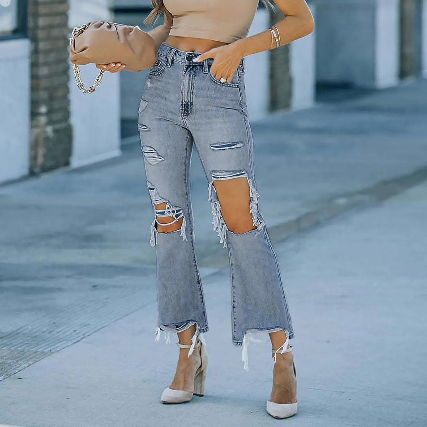 Women Ripped Boyfriend Jeans High Waist Baggy Denim Pants Y2K Distressed Streetwear Vintage Hiphop Dance Trousers