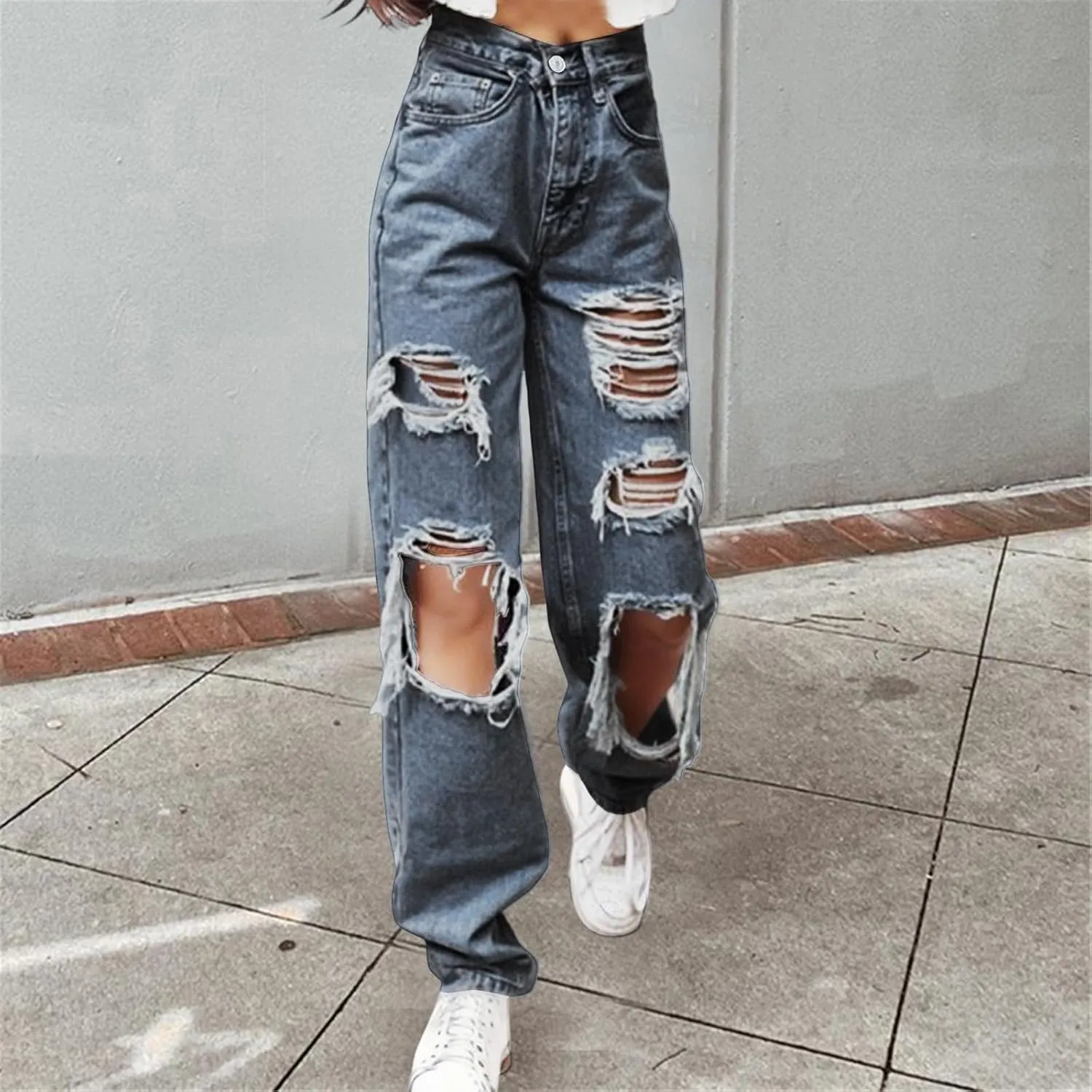 Women Ripped Boyfriend Jeans High Waist Baggy Denim Pants Y2K Distressed Streetwear Vintage Hiphop Dance Trousers