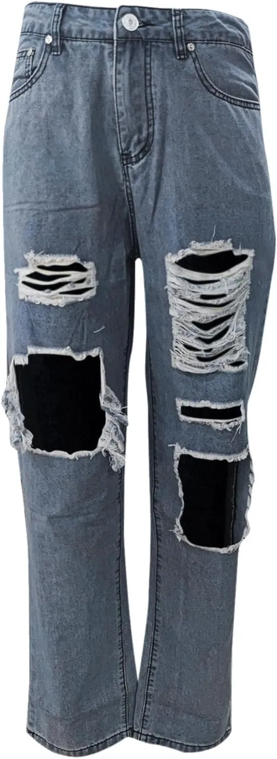 Women Ripped Boyfriend Jeans High Waist Baggy Denim Pants Y2K Distressed Streetwear Vintage Hiphop Dance Trousers