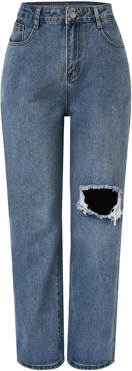 Women Ripped Boyfriend Jeans High Waist Baggy Denim Pants Y2K Distressed Streetwear Vintage Hiphop Dance Trousers