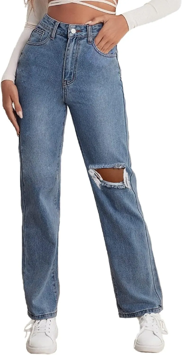 Women Ripped Boyfriend Jeans High Waist Baggy Denim Pants Y2K Distressed Streetwear Vintage Hiphop Dance Trousers