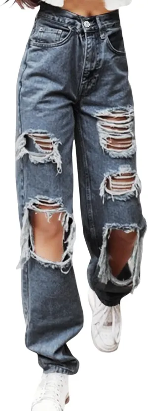 Women Ripped Boyfriend Jeans High Waist Baggy Denim Pants Y2K Distressed Streetwear Vintage Hiphop Dance Trousers