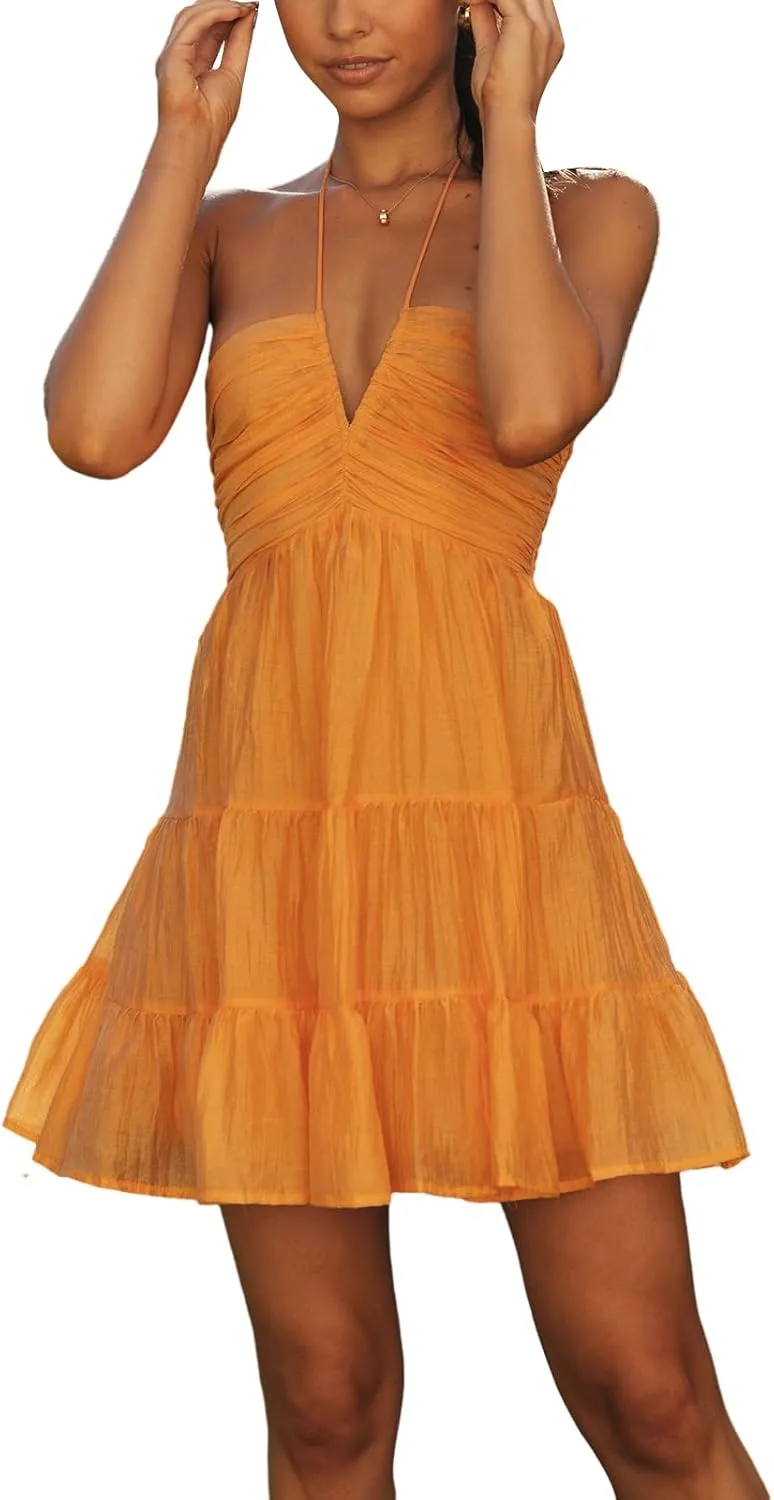 Women Spaghetti Strap Mini Dress Summer Sexy Tie Backless Flowy Sundress Sleeveless Casual Boho Tiered Short Dress