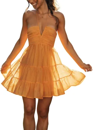 Women Spaghetti Strap Mini Dress Summer Sexy Tie Backless Flowy Sundress Sleeveless Casual Boho Tiered Short Dress