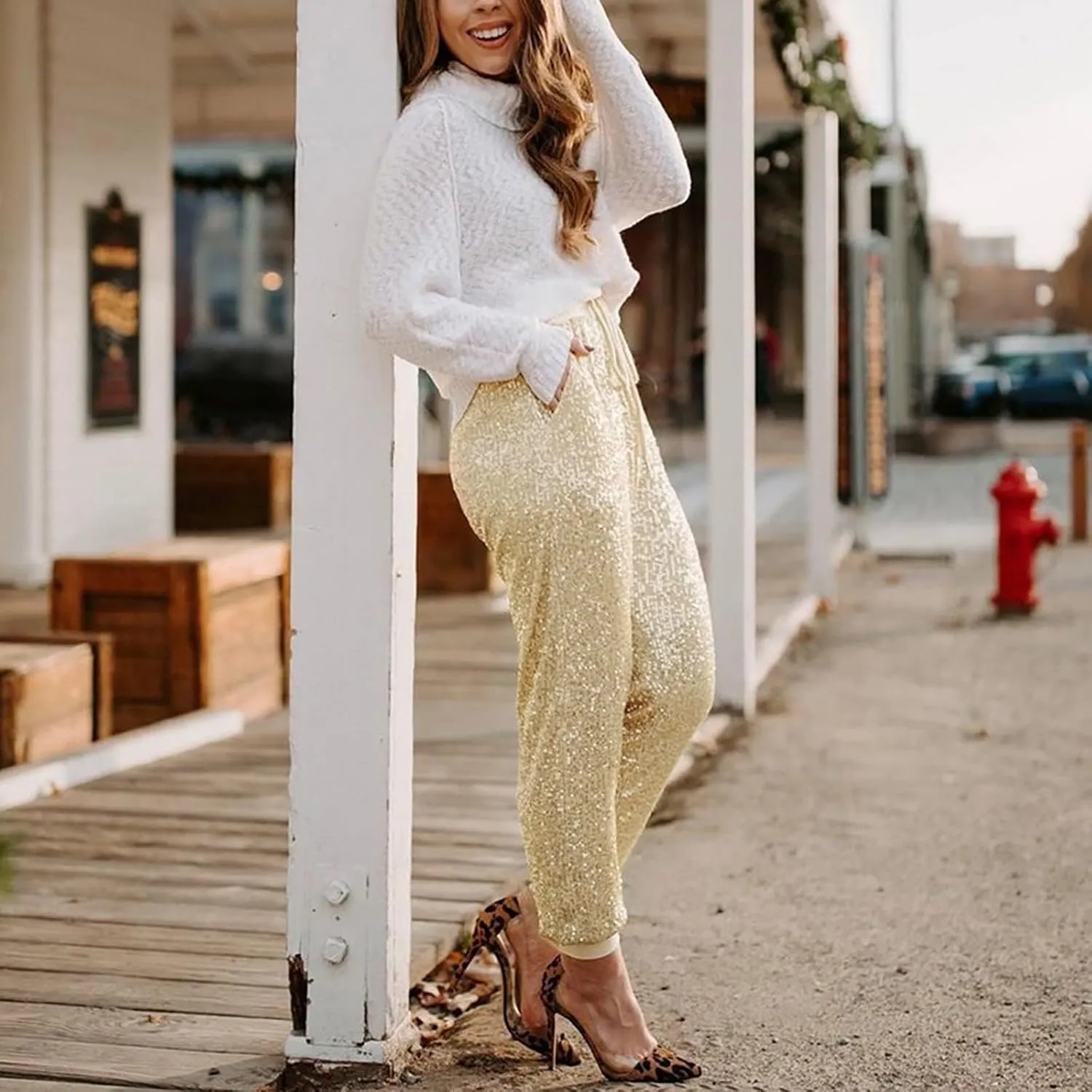 Women Sparkly Flared Leg Pants Cloth High Sequin Women Foot Sexy Pants Fashion Waisted Tape Trousers Night Out