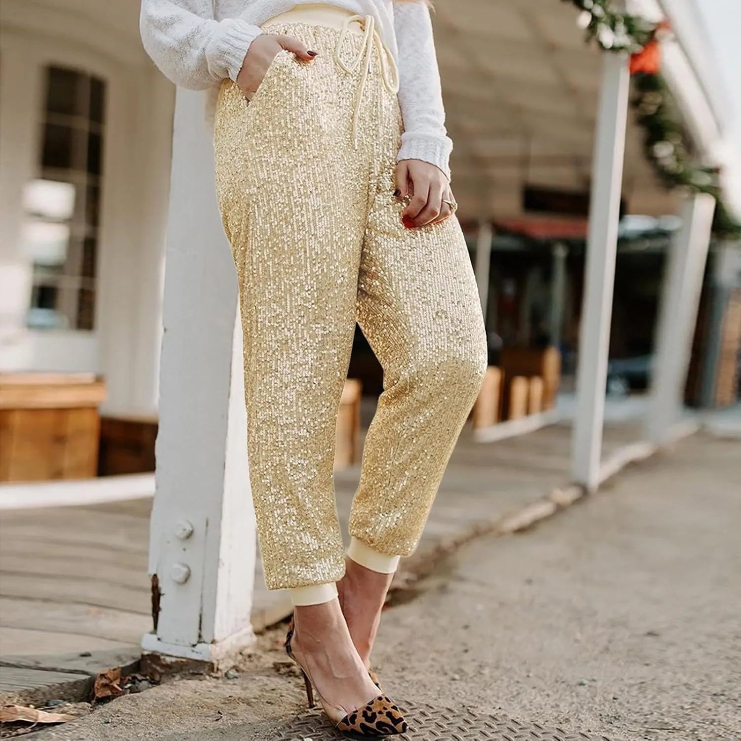 Women Sparkly Flared Leg Pants Cloth High Sequin Women Foot Sexy Pants Fashion Waisted Tape Trousers Night Out