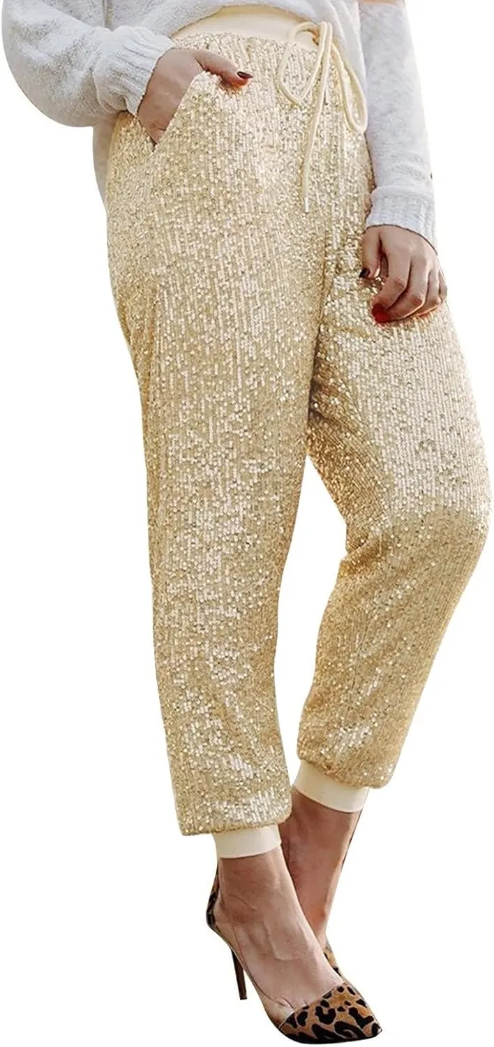 Women Sparkly Flared Leg Pants Cloth High Sequin Women Foot Sexy Pants Fashion Waisted Tape Trousers Night Out