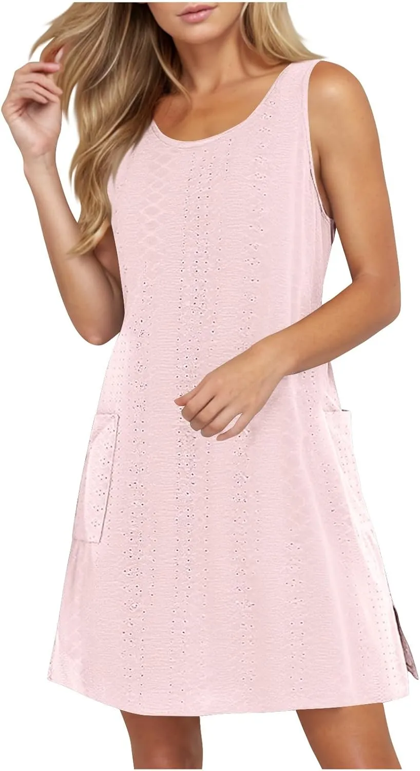 Women Summer Beach Mini Dress Basic Crew Neck Eyelet Sundresses Sleeveless Loose Dress with Pockets A-line Dresses
