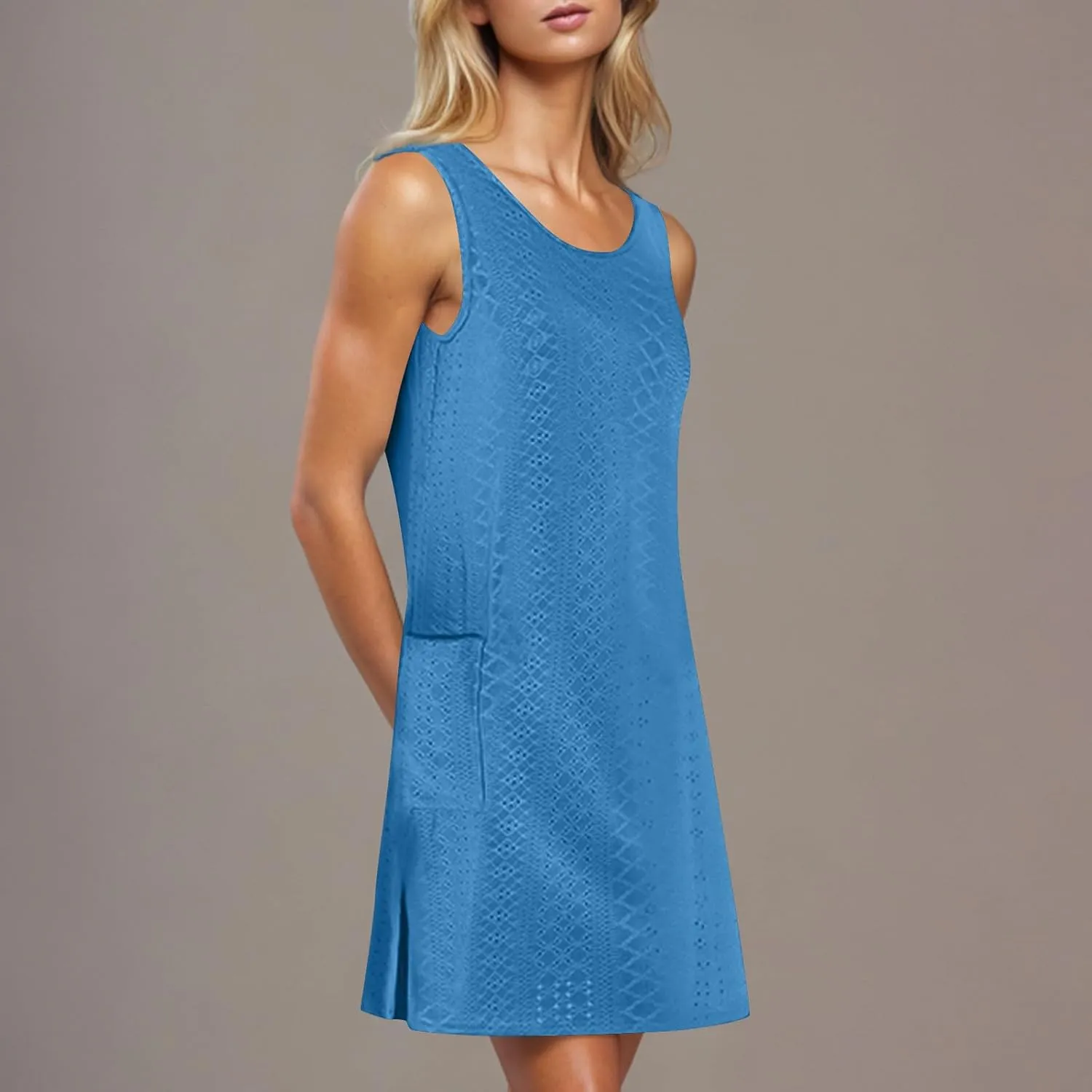 Women Summer Beach Mini Dress Basic Crew Neck Eyelet Sundresses Sleeveless Loose Dress with Pockets A-line Dresses