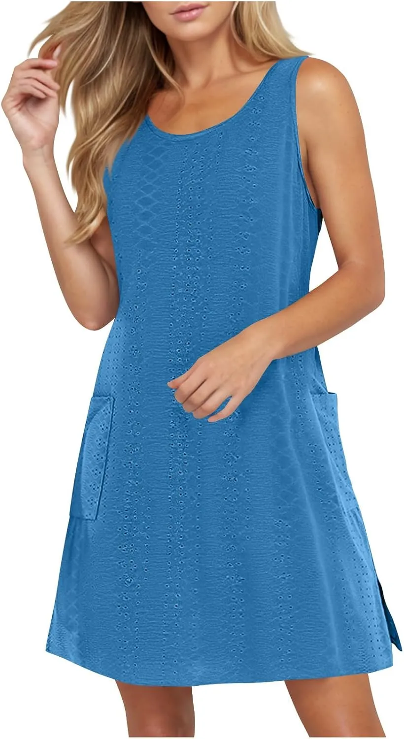 Women Summer Beach Mini Dress Basic Crew Neck Eyelet Sundresses Sleeveless Loose Dress with Pockets A-line Dresses