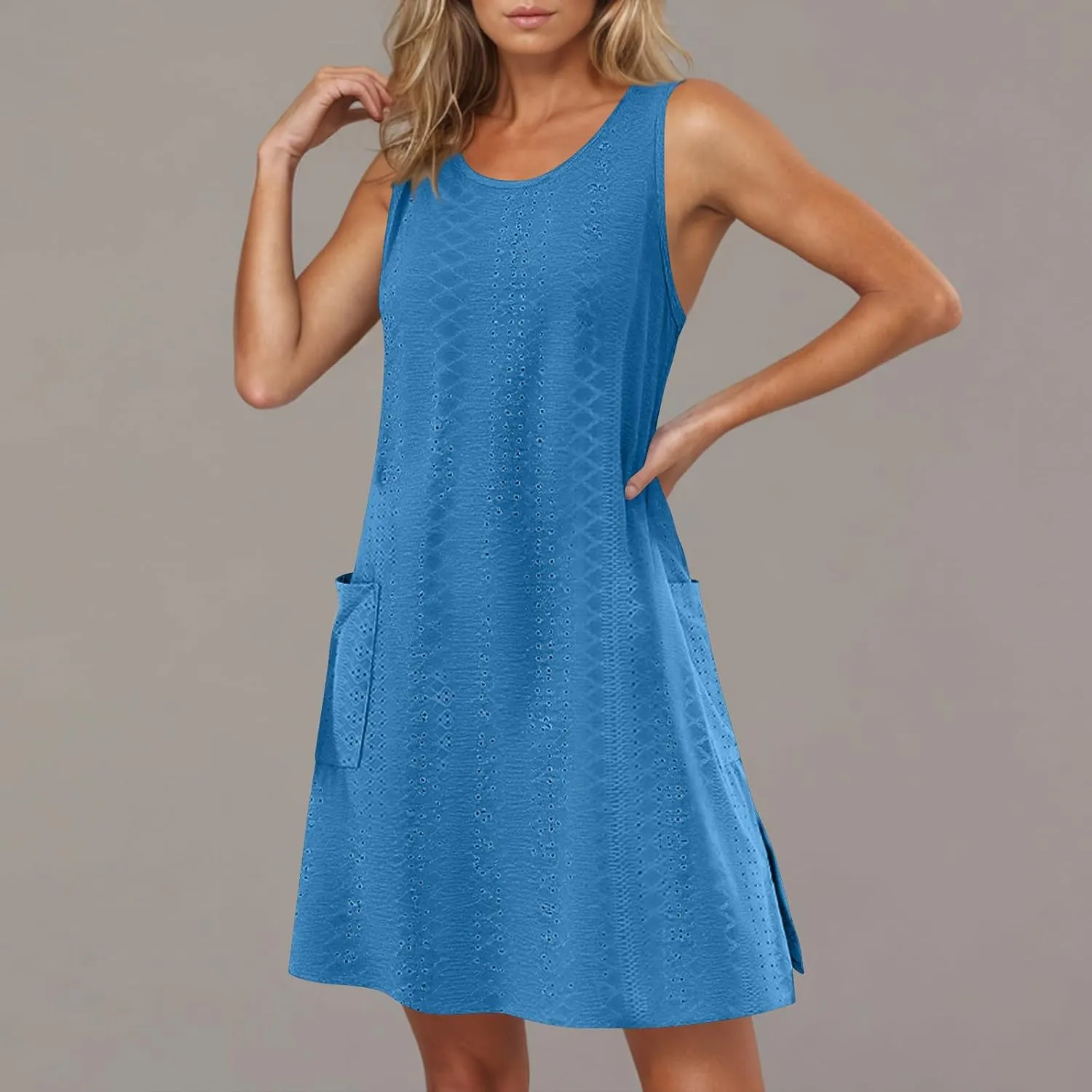 Women Summer Beach Mini Dress Basic Crew Neck Eyelet Sundresses Sleeveless Loose Dress with Pockets A-line Dresses