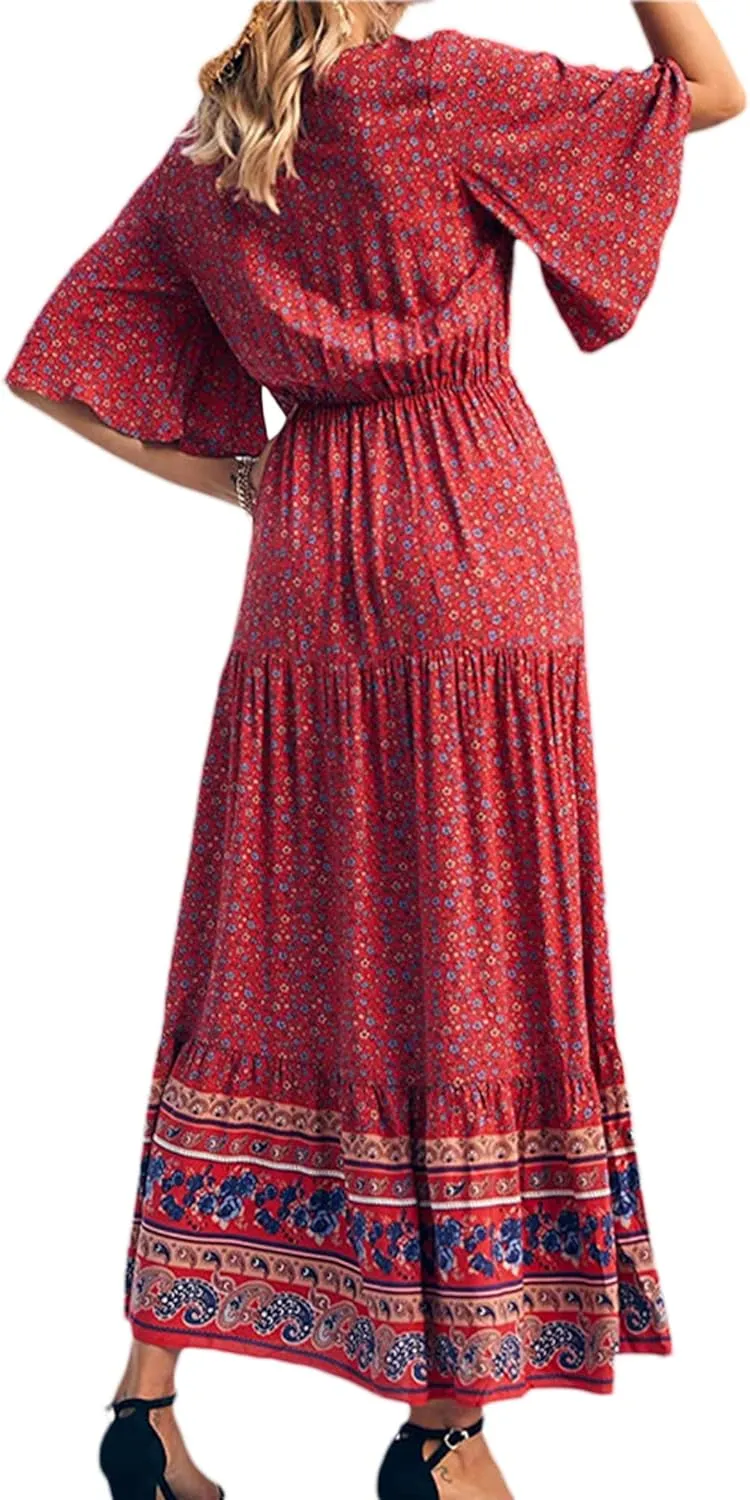 Women Summer Casual Maxi Dress Bohemian Floral V Neck Short Sleeve Ethnic Beach Flowy Sundress Long Swing Dress
