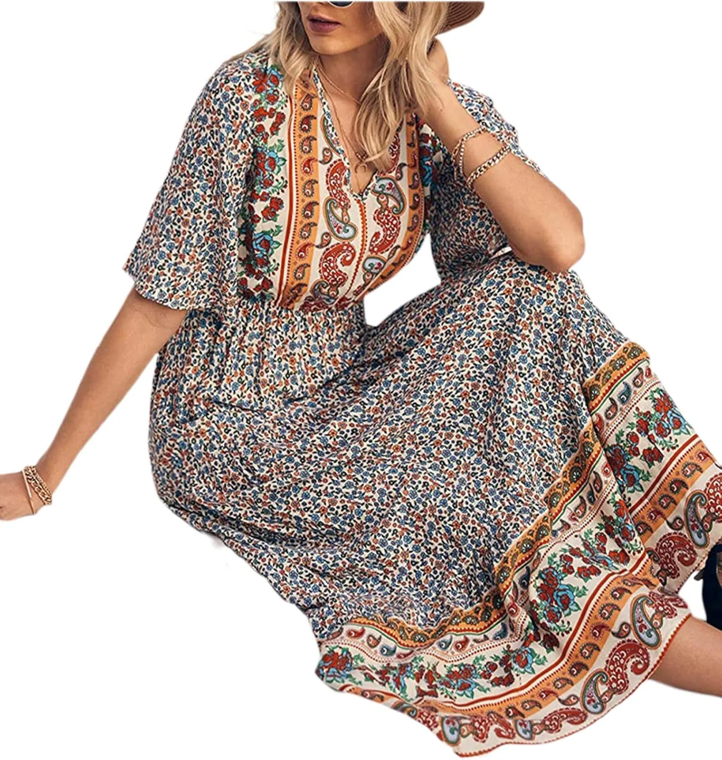 Women Summer Casual Maxi Dress Bohemian Floral V Neck Short Sleeve Ethnic Beach Flowy Sundress Long Swing Dress