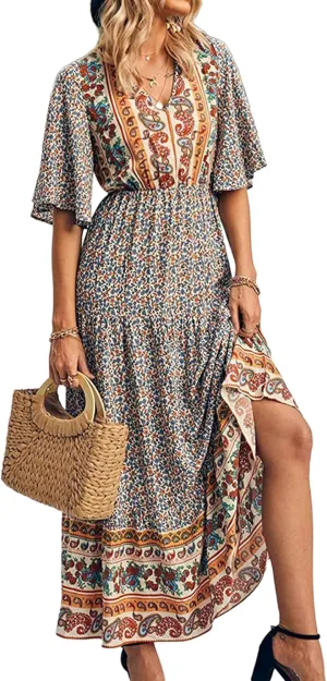 Women Summer Casual Maxi Dress Bohemian Floral V Neck Short Sleeve Ethnic Beach Flowy Sundress Long Swing Dress