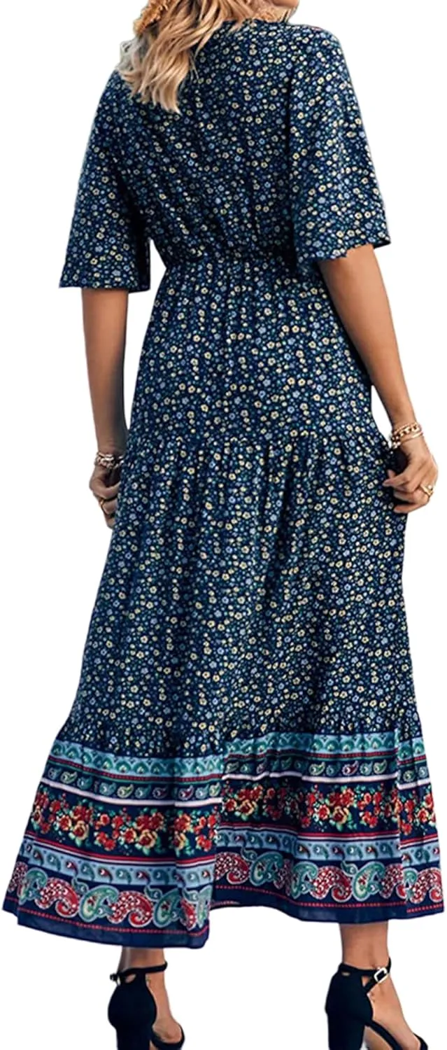 Women Summer Casual Maxi Dress Bohemian Floral V Neck Short Sleeve Ethnic Beach Flowy Sundress Long Swing Dress