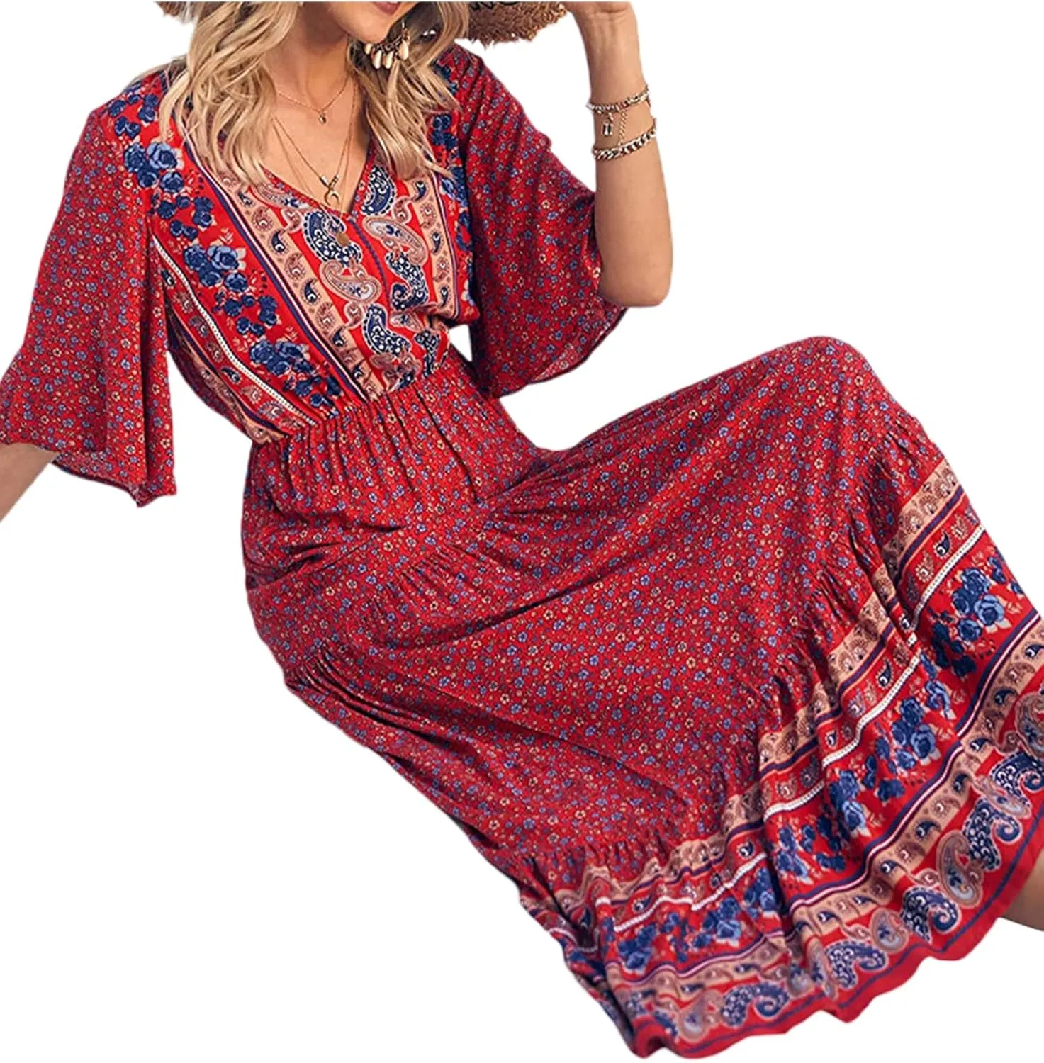 Women Summer Casual Maxi Dress Bohemian Floral V Neck Short Sleeve Ethnic Beach Flowy Sundress Long Swing Dress