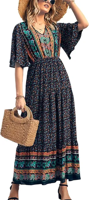 Women Summer Casual Maxi Dress Bohemian Floral V Neck Short Sleeve Ethnic Beach Flowy Sundress Long Swing Dress
