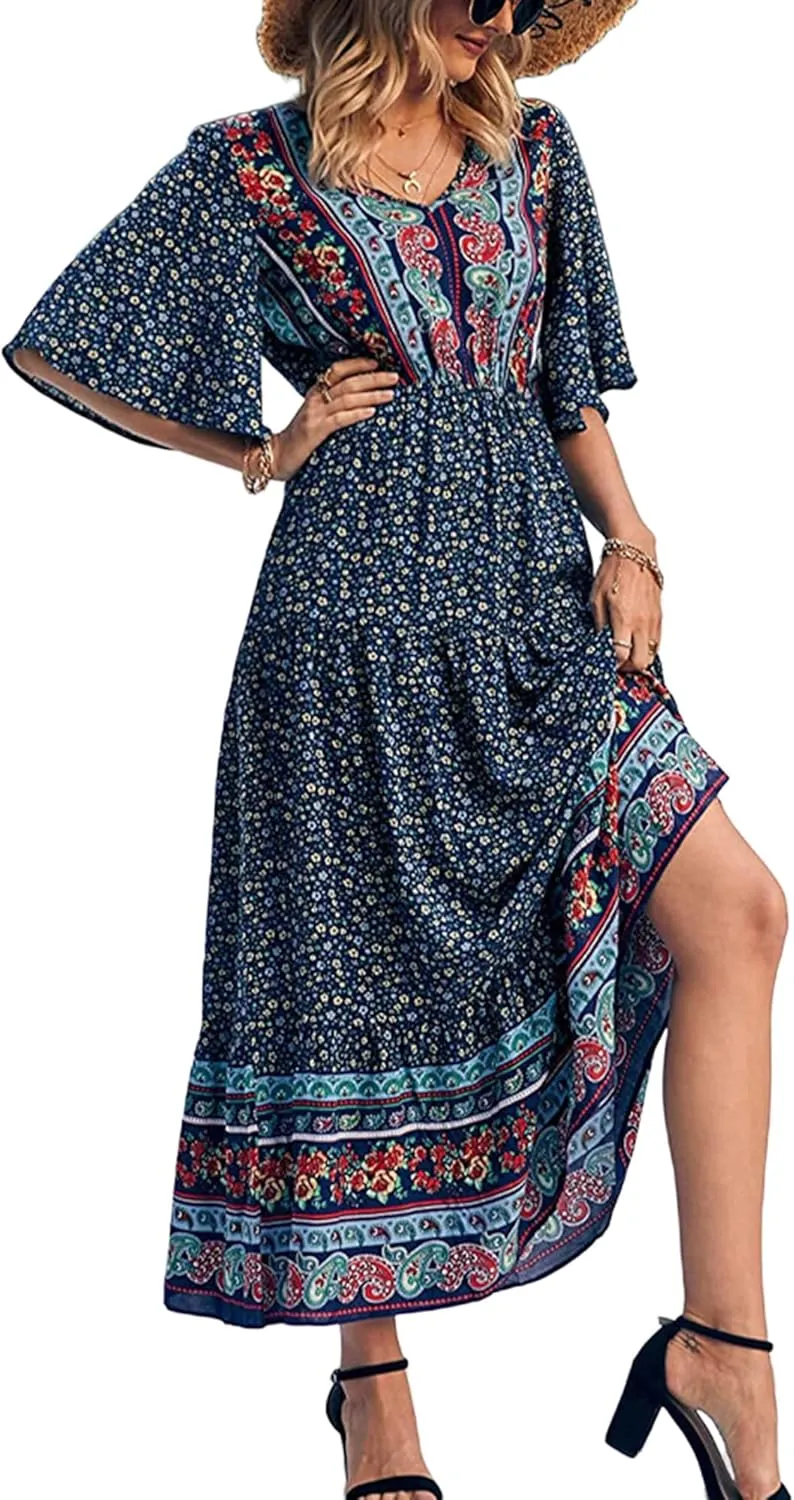Women Summer Casual Maxi Dress Bohemian Floral V Neck Short Sleeve Ethnic Beach Flowy Sundress Long Swing Dress