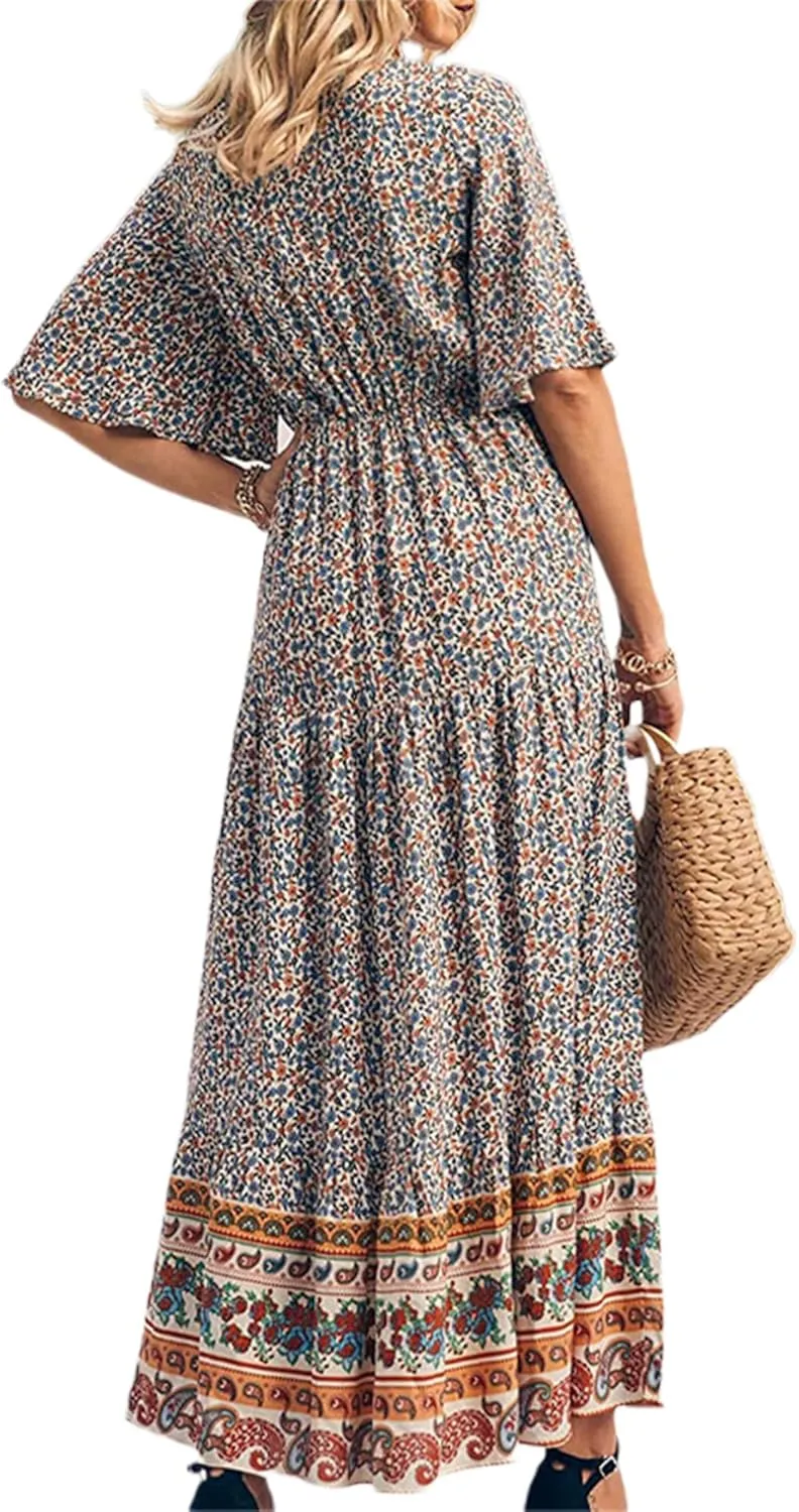 Women Summer Casual Maxi Dress Bohemian Floral V Neck Short Sleeve Ethnic Beach Flowy Sundress Long Swing Dress