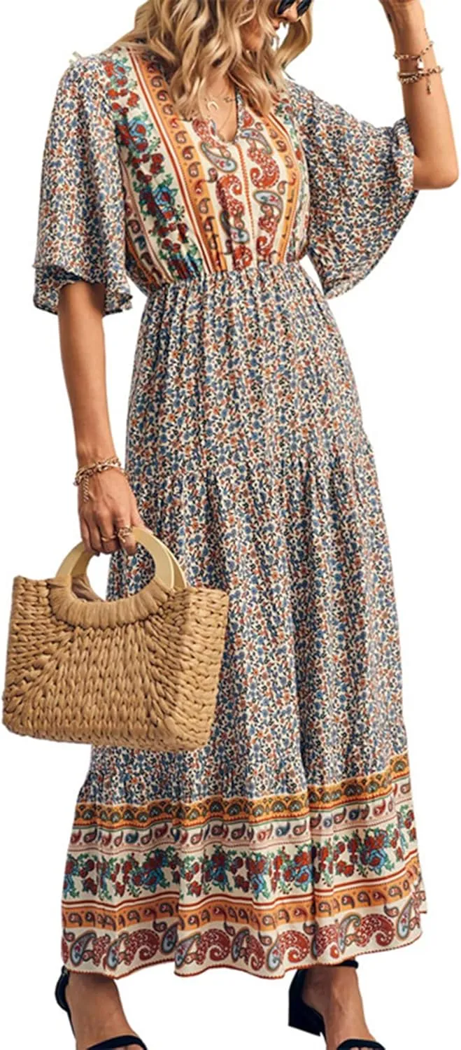 Women Summer Casual Maxi Dress Bohemian Floral V Neck Short Sleeve Ethnic Beach Flowy Sundress Long Swing Dress