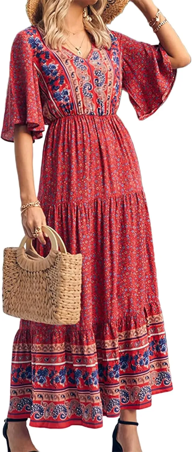 Women Summer Casual Maxi Dress Bohemian Floral V Neck Short Sleeve Ethnic Beach Flowy Sundress Long Swing Dress